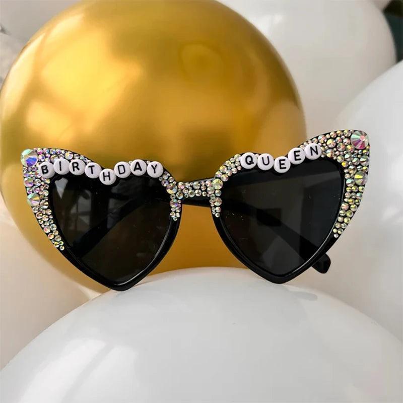 birthday queen black rhinestone heart sunglasses - basil boutique