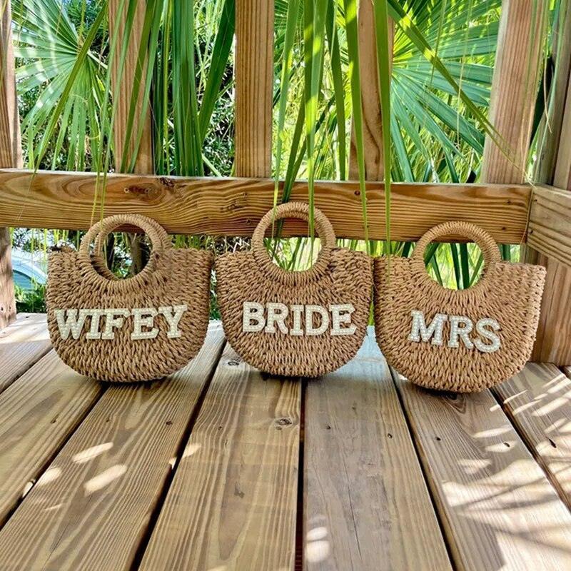 bride/mrs./wifey straw bag - basil boutique