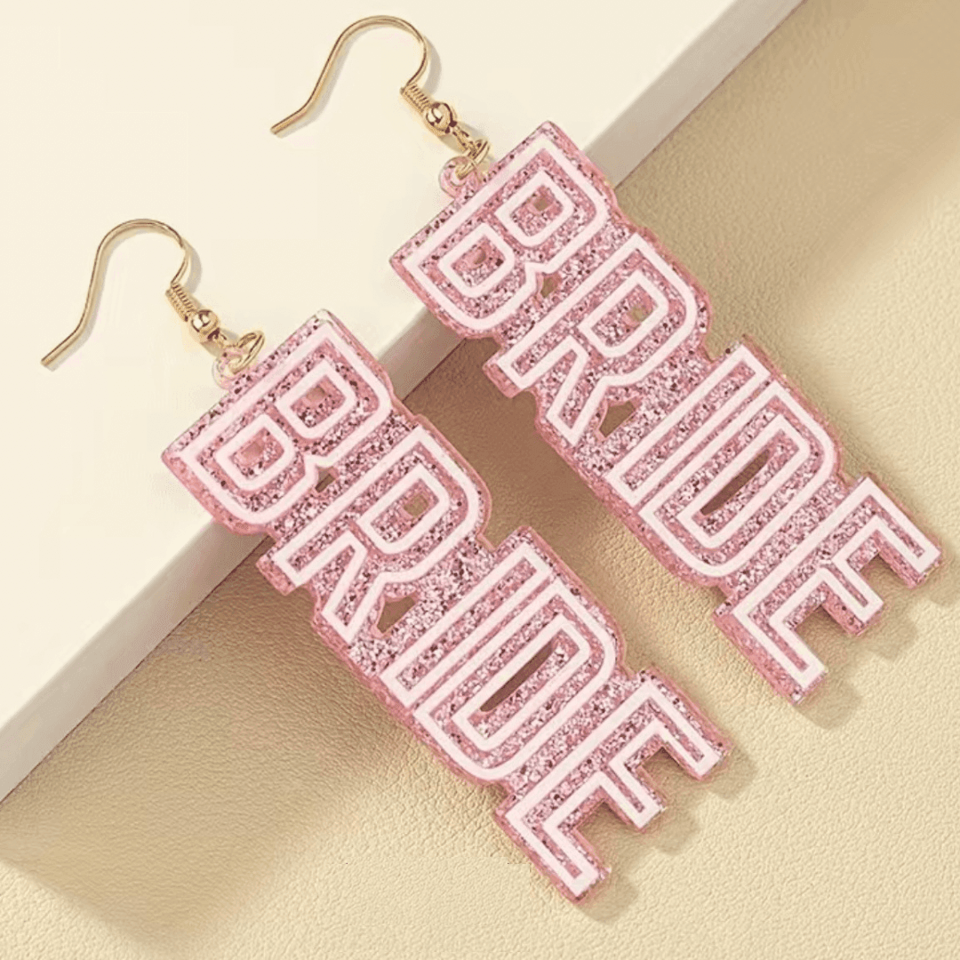 bride letter drop pink earrings - basil boutique