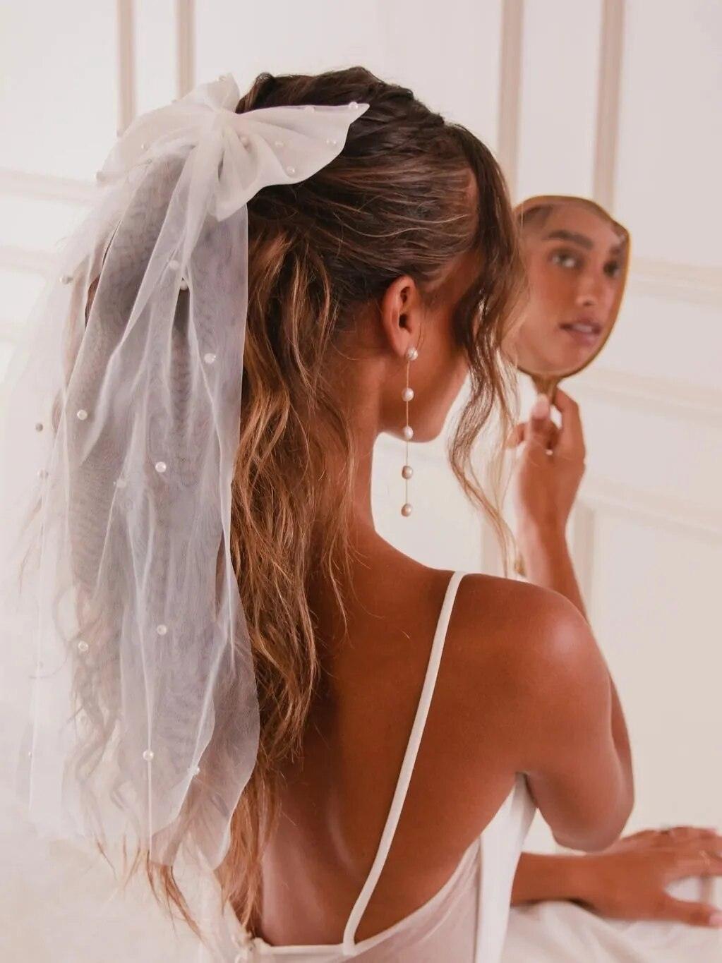 bride pearl bow veil - basil boutique