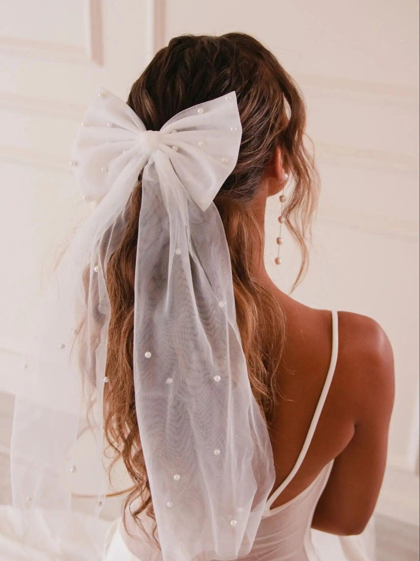 bride pearl bow veil - basil boutique