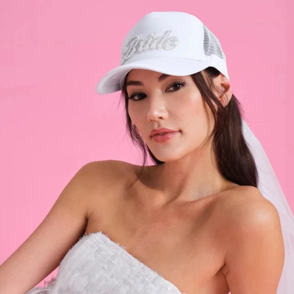 bride pearl veil trucker hat - basil boutique