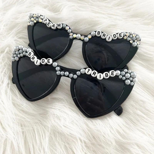 bride tribe + team bride rhinestone heart sunglasses - basil boutique