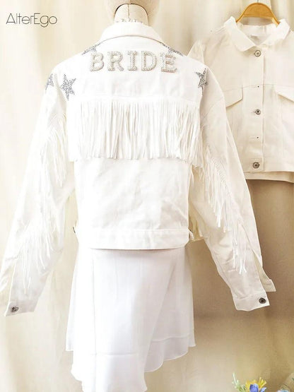 bride + wifey fringe denim jacket - basil boutique