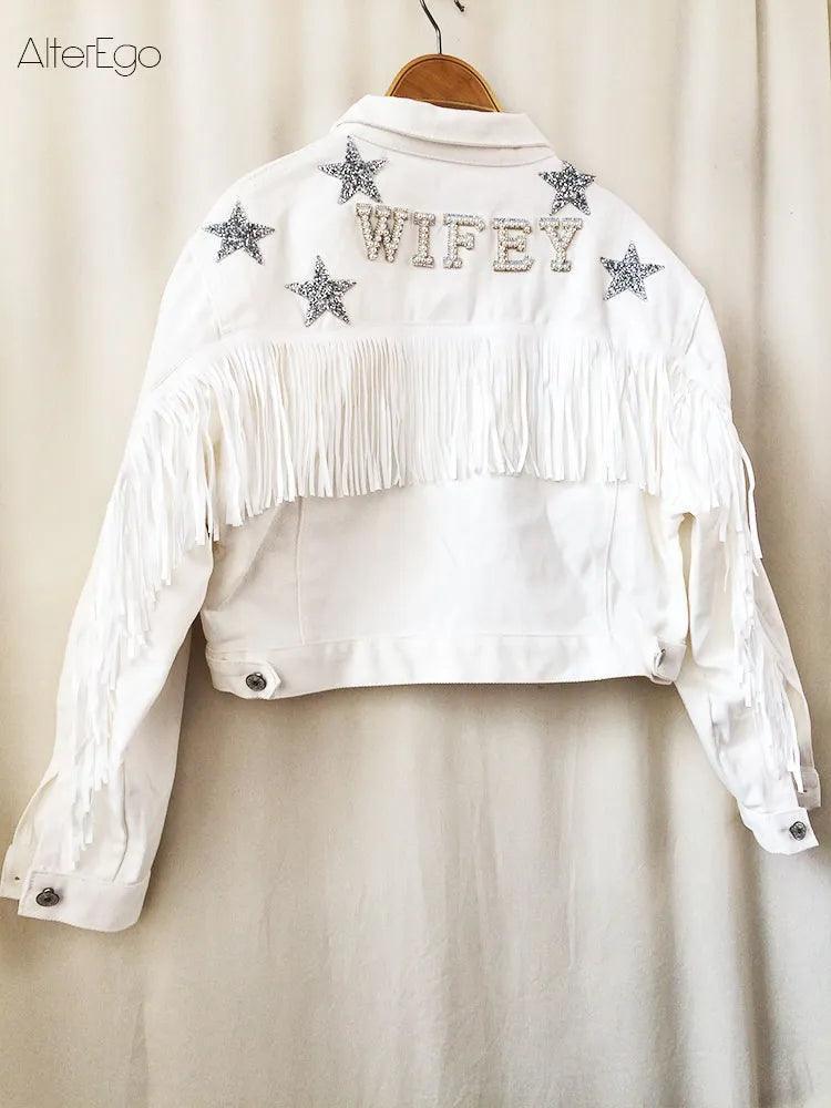 bride + wifey fringe denim jacket - basil boutique