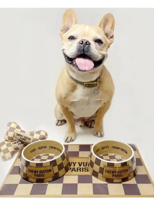 chewy vuiton checkered dog bowls + mat - basil boutique