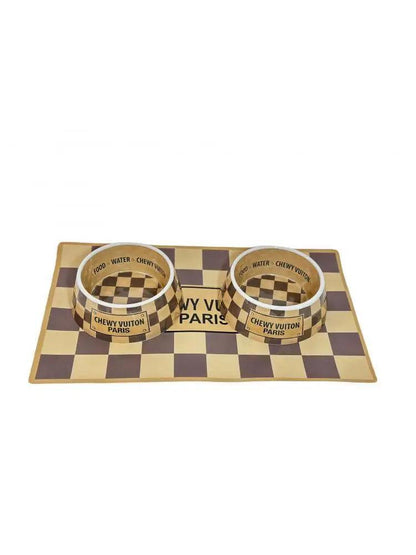 chewy vuiton checkered dog bowls + mat - basil boutique