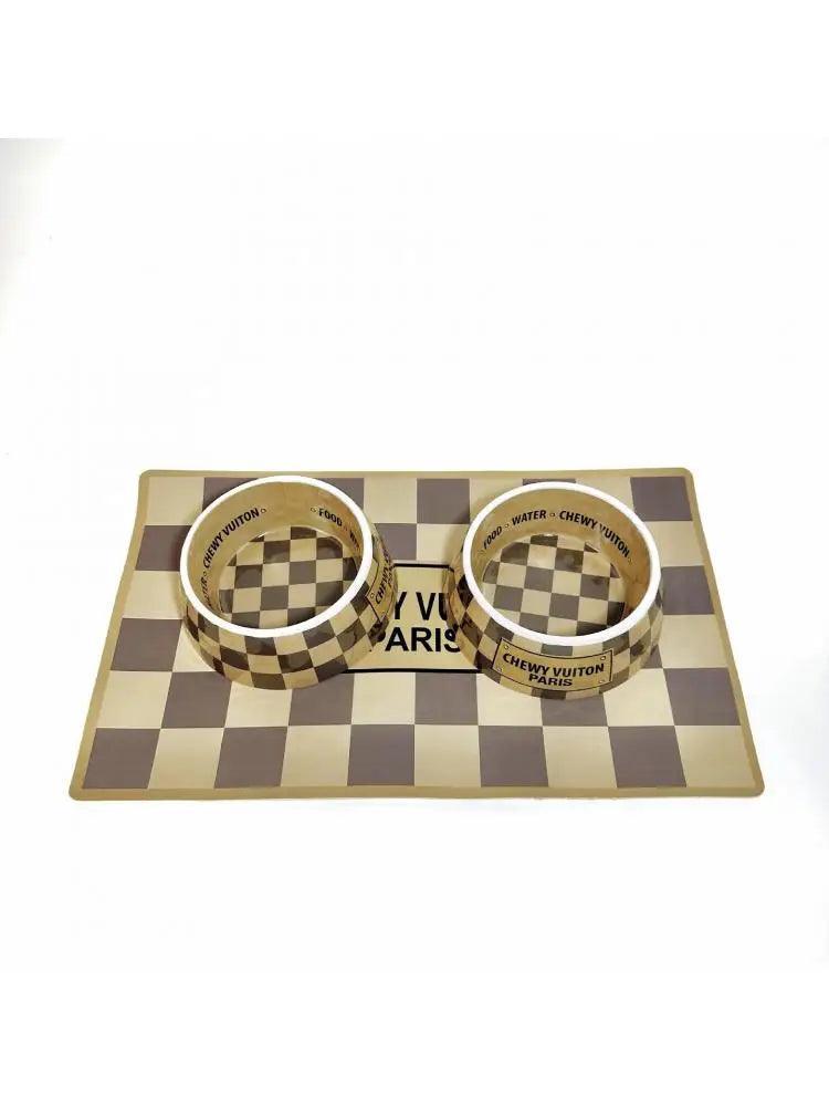 chewy vuiton checkered dog bowls + mat - basil boutique