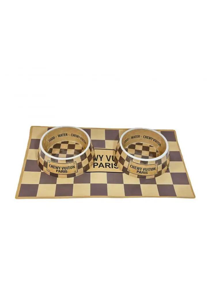 chewy vuiton checkered dog bowls + mat - basil boutique