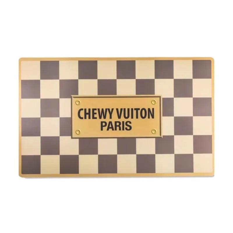 chewy vuiton checkered dog bowls + mat - basil boutique