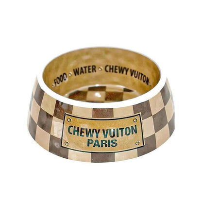 chewy vuiton checkered dog bowls + mat - basil boutique