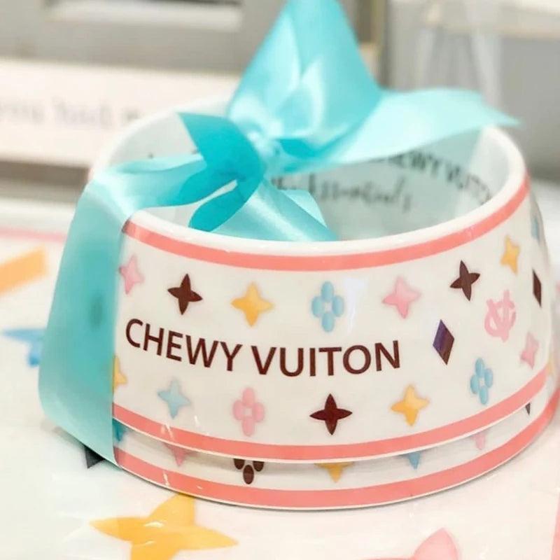 chewy vuiton pink dog bowls + mat - basil boutique