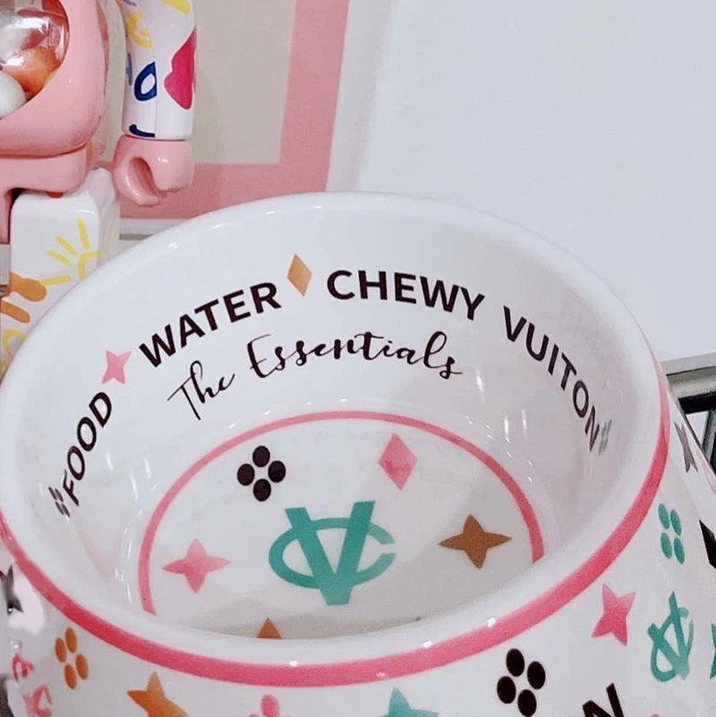 chewy vuiton pink dog bowls + mat - basil boutique