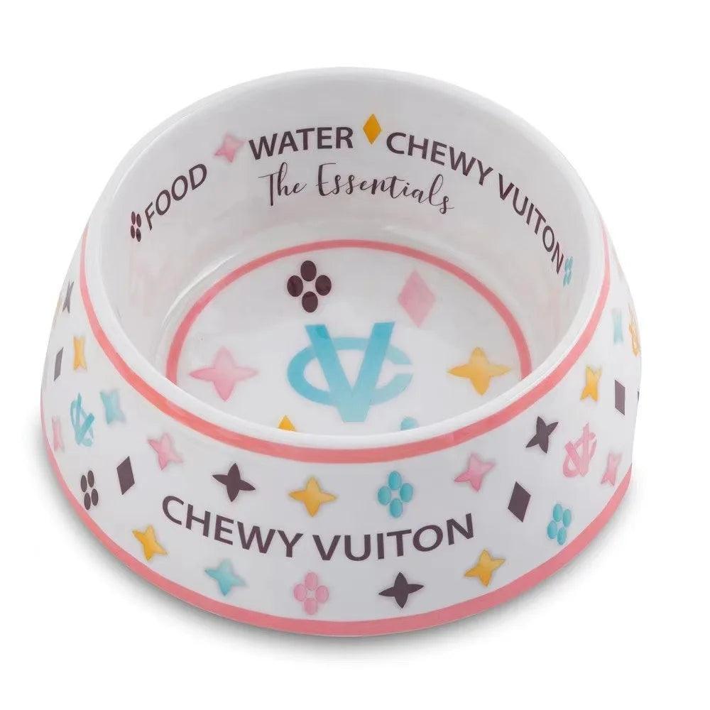 chewy vuiton pink dog bowls + mat - basil boutique