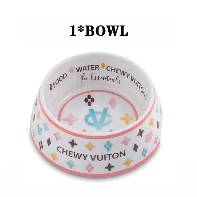 chewy vuiton pink dog bowls + mat - basil boutique