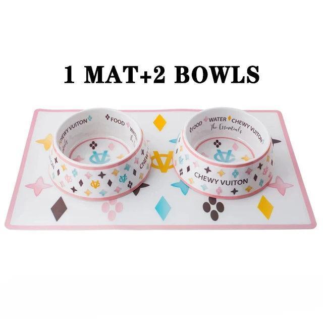 chewy vuiton pink dog bowls + mat - basil boutique