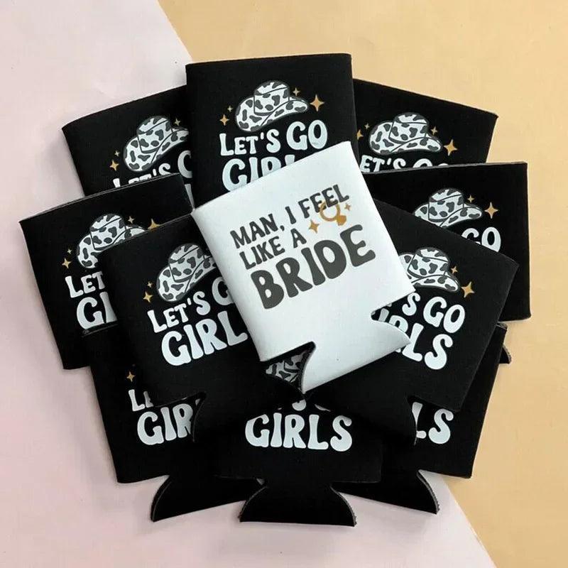 Let's Go Girls Beer Can Cooler Country Western Space Cowgirl Disco Bride to be bridal shower Bachelorette hen Party Trip favor - basil boutique