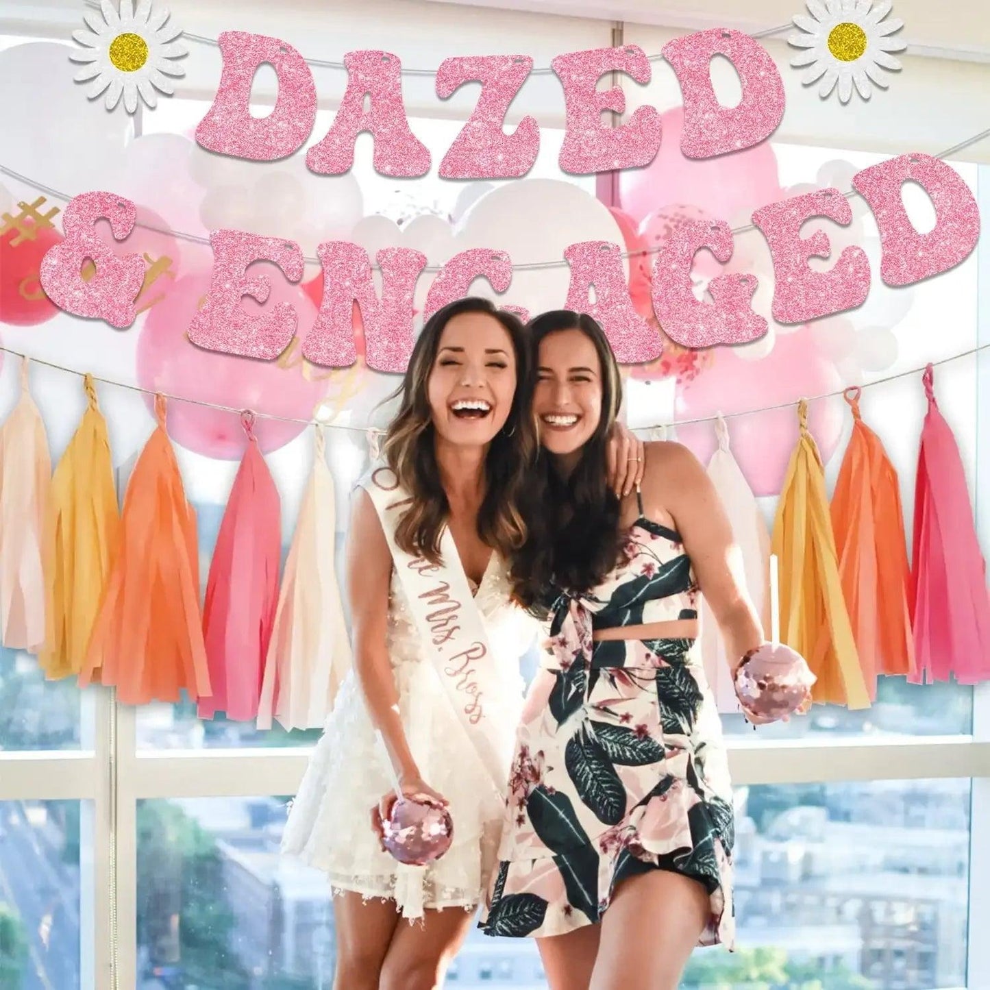 Dazed & Engaged Bachelorette Party Decor, Pink Glitter Daisy Banner, Garland Paper Tassel, Bridal Shower, Engagement Hen Party - basil boutique