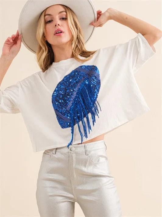 football sequin + tassel top - basil boutique