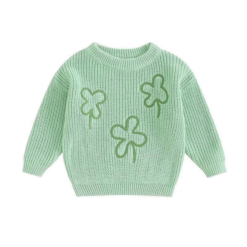 four leaf clover knit kids crew sweater - basil boutique