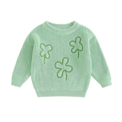 four leaf clover knit kids crew sweater - basil boutique