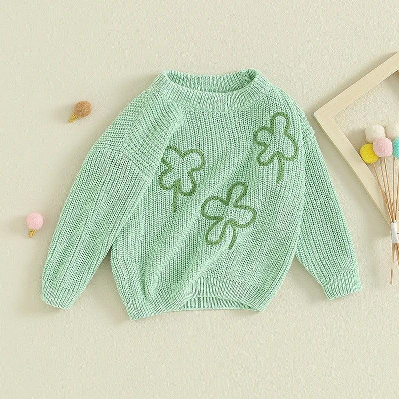 four leaf clover knit kids crew sweater - basil boutique