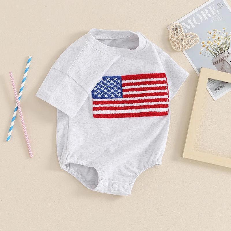 fuzzy american flag onesie - basil boutique