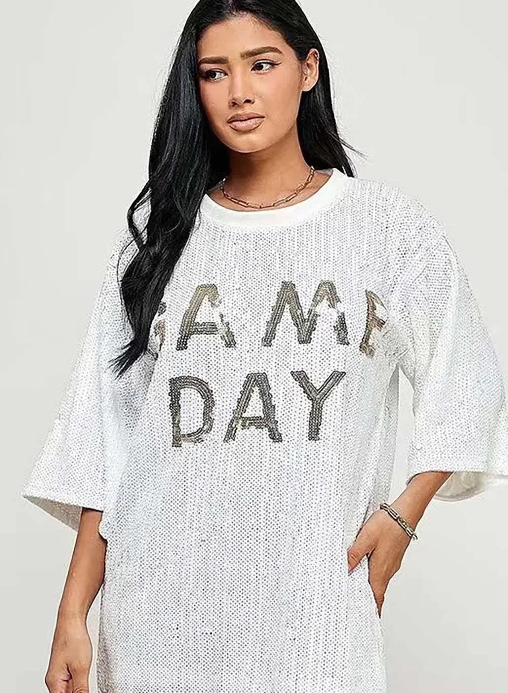 game day sequin t-shirt dress - basil boutique