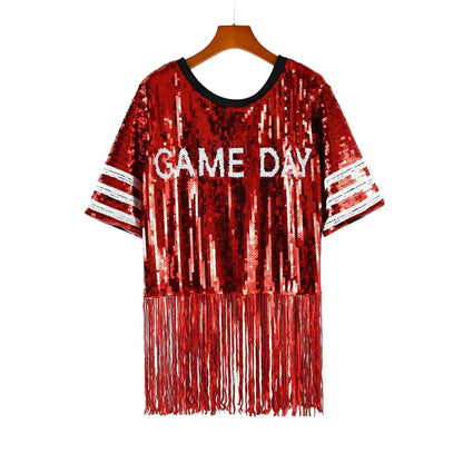 game day sequin tassel top - basil boutique