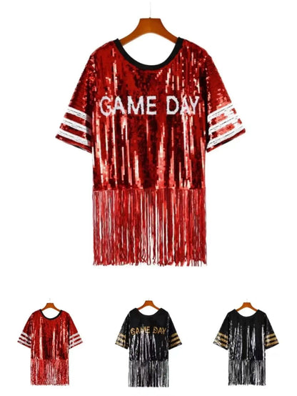 game day sequin tassel top - basil boutique