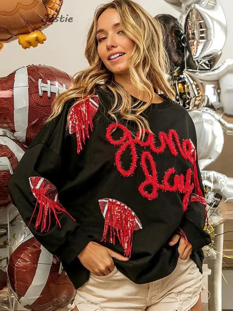 game day tassel sequin crew sweater - basil boutique