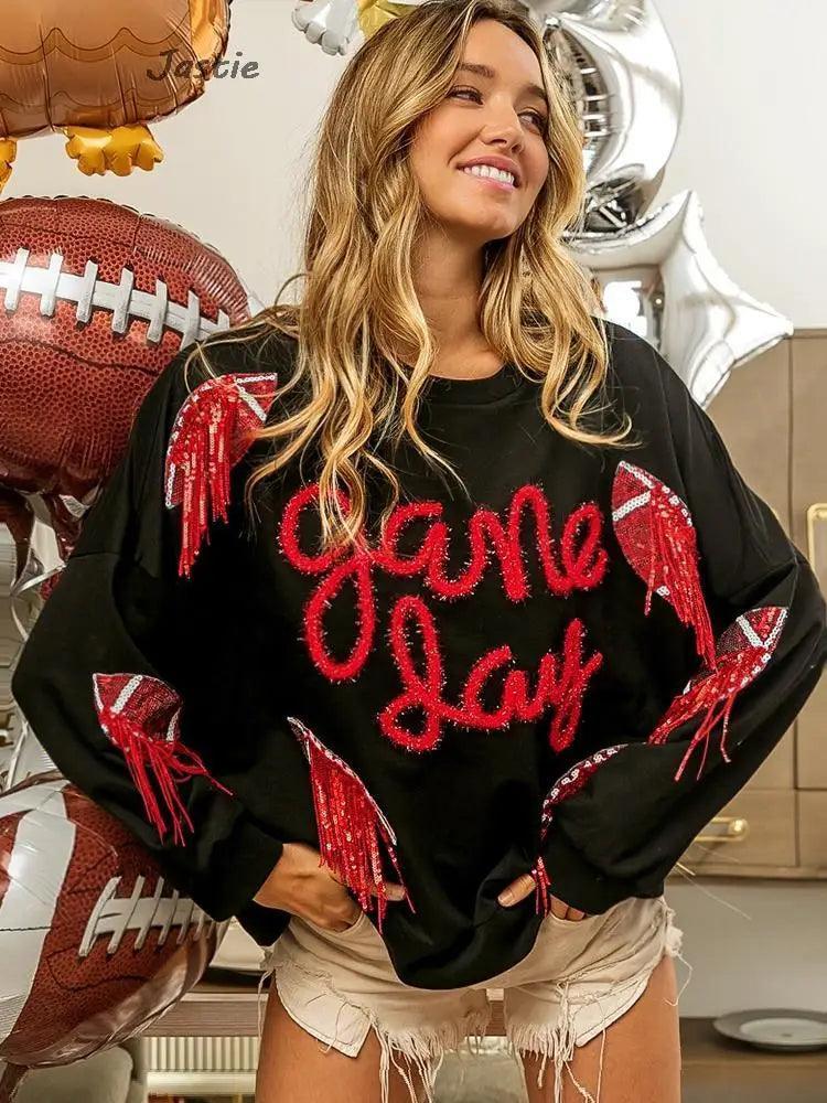 game day tassel sequin crew sweatshirt - basil boutique