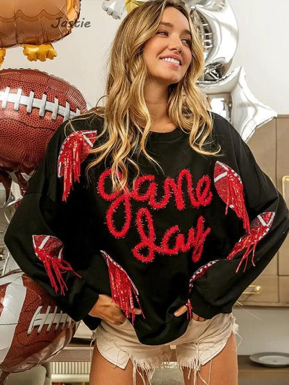 game day tassel sequin crew sweater - basil boutique