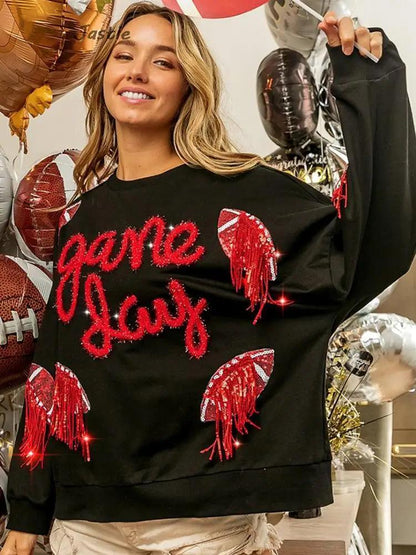 game day tassel sequin crew sweater - basil boutique