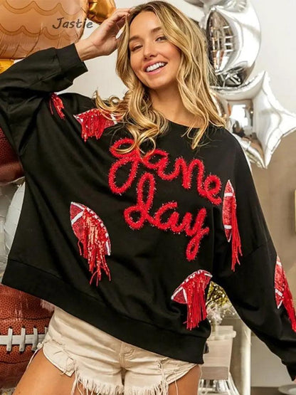 game day tassel sequin crew sweater - basil boutique