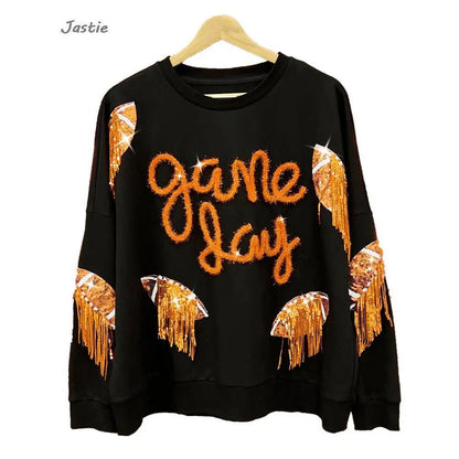 game day tassel sequin crew sweater - basil boutique