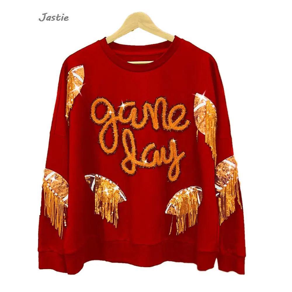 game day tassel sequin crew sweater - basil boutique