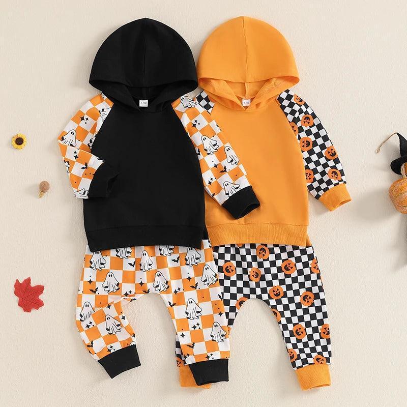 ghost + pumpkin plaid print kids outfits - basil boutique