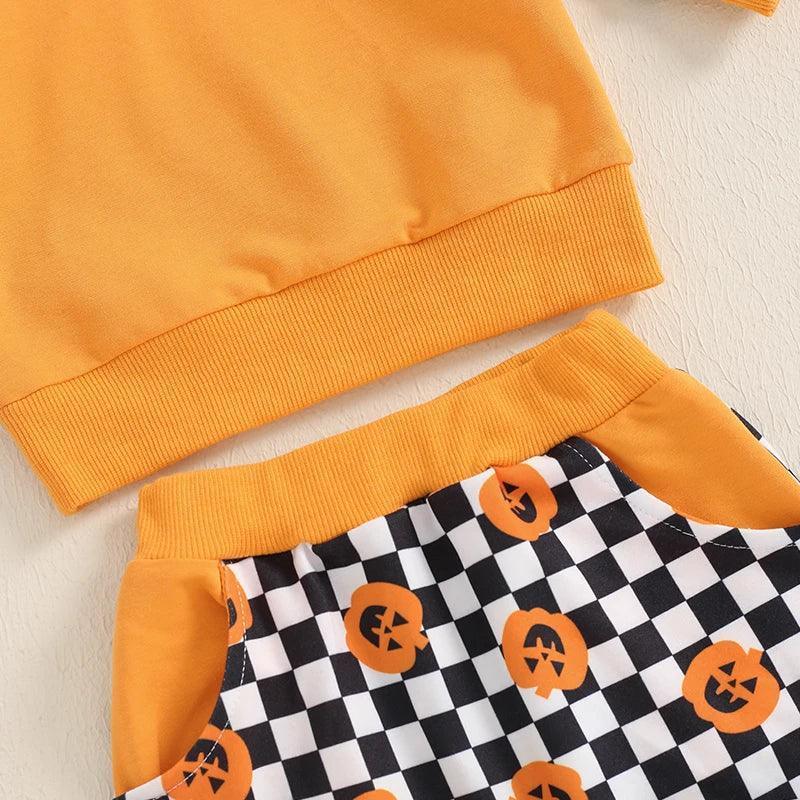 ghost + pumpkin plaid print kids outfits - basil boutique