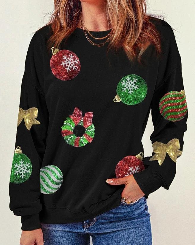 happy holidays sequin long sleeve top - basil boutique