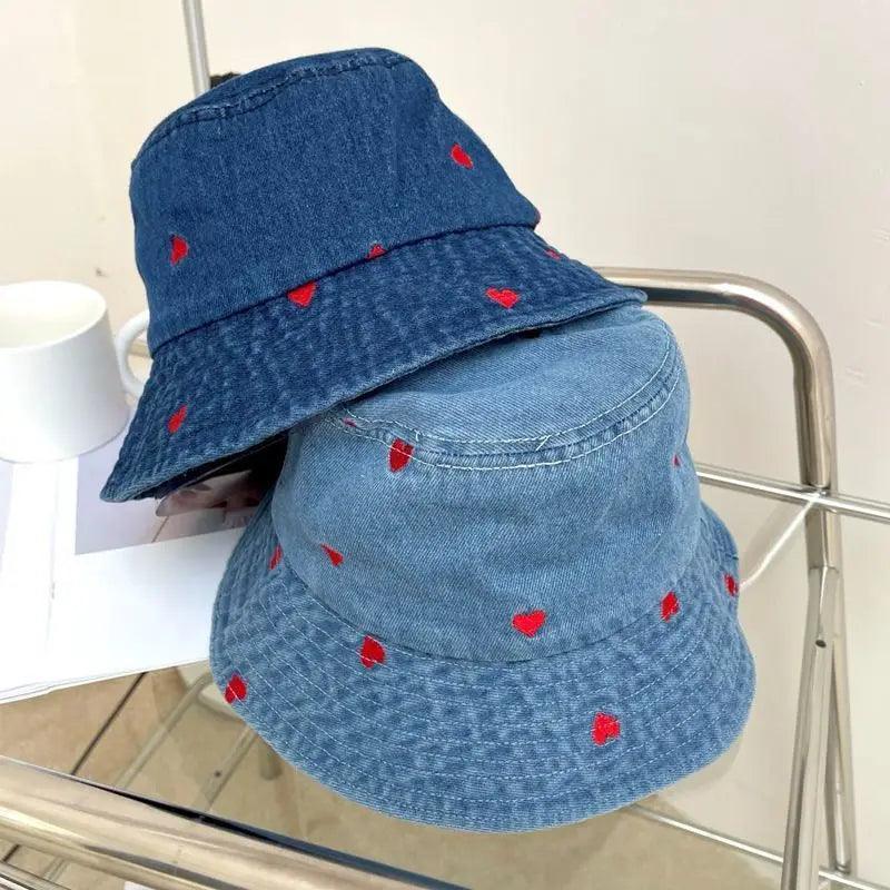 Embroidered Heart Cotton Summer Jeans Bucket Hat Cap For Women Spring Fisherman Hat Outdoor Travel Ladies Hat Gift Wholesales - basil boutique