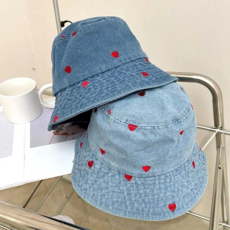 Embroidered Heart Cotton Summer Jeans Bucket Hat Cap For Women Spring Fisherman Hat Outdoor Travel Ladies Hat Gift Wholesales - basil boutique