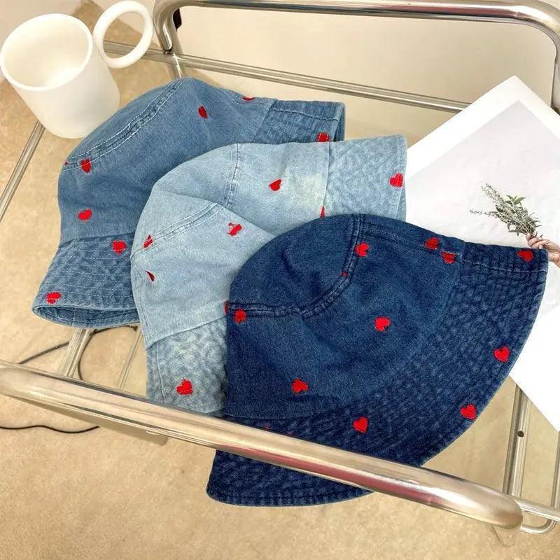 Embroidered Heart Cotton Summer Jeans Bucket Hat Cap For Women Spring Fisherman Hat Outdoor Travel Ladies Hat Gift Wholesales - basil boutique