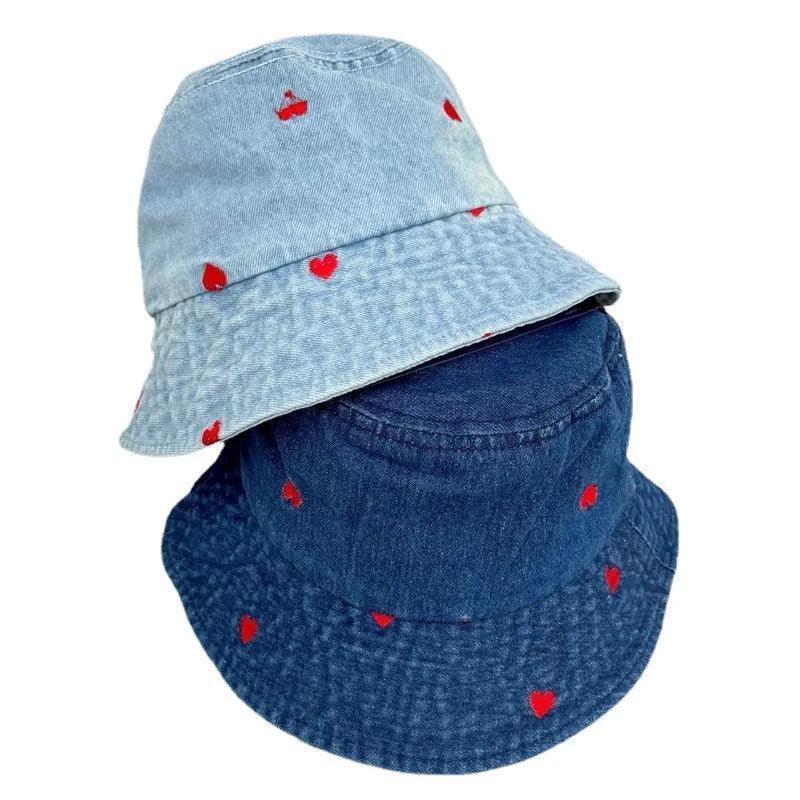 Embroidered Heart Cotton Summer Jeans Bucket Hat Cap For Women Spring Fisherman Hat Outdoor Travel Ladies Hat Gift Wholesales - basil boutique