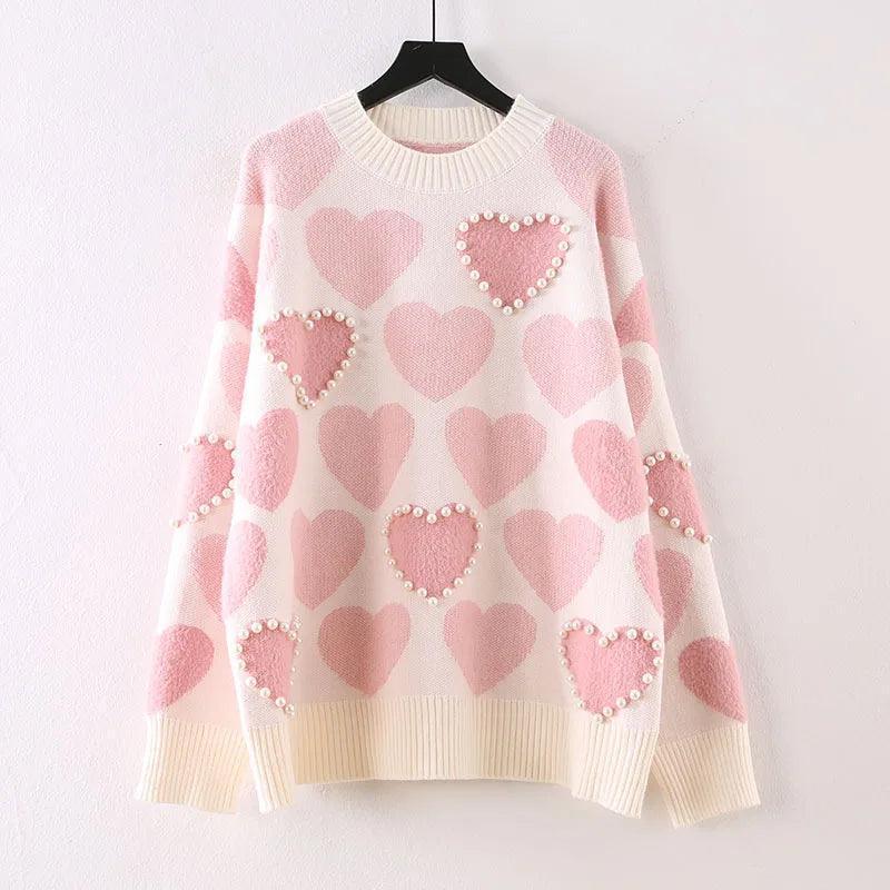 heart pearl knit crew sweater - basil boutique