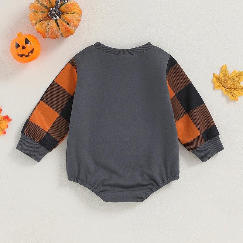 jack-o-lantern plaid onesie - basil boutique