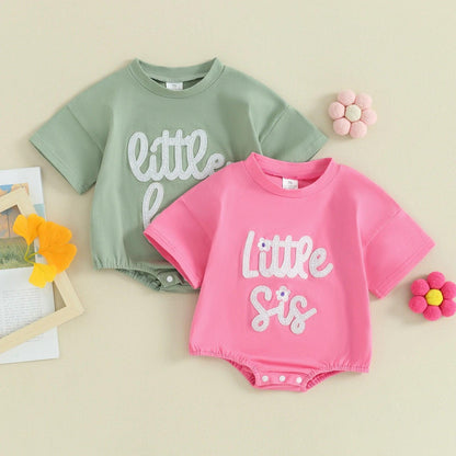 little bro + sis fuzzy script onesie - basil boutique