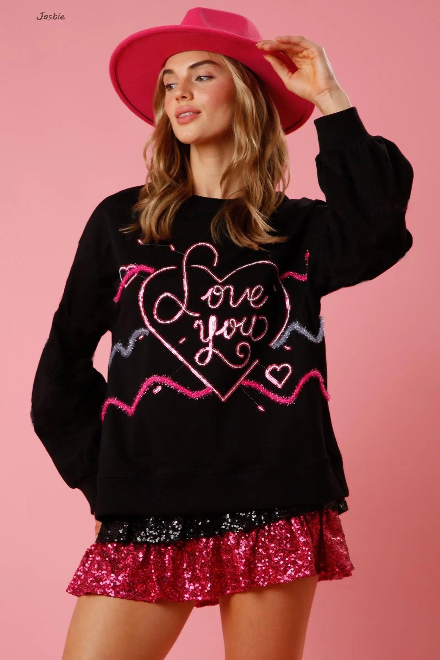 love you sequin crew sweater - basil boutique