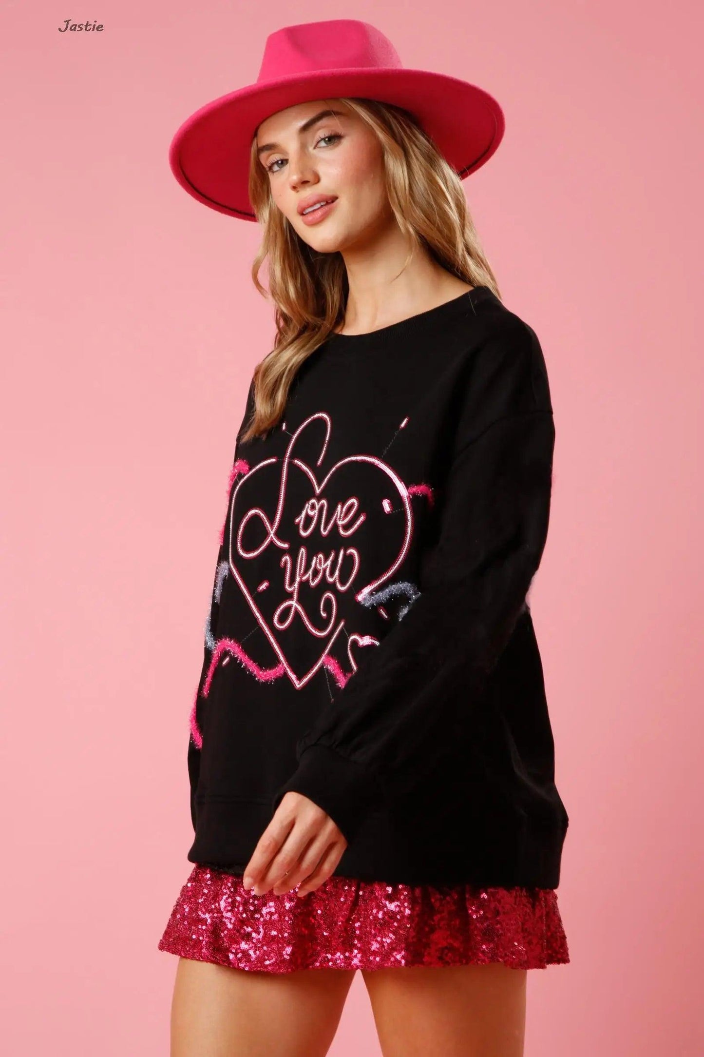 love you sequin crew sweater - basil boutique