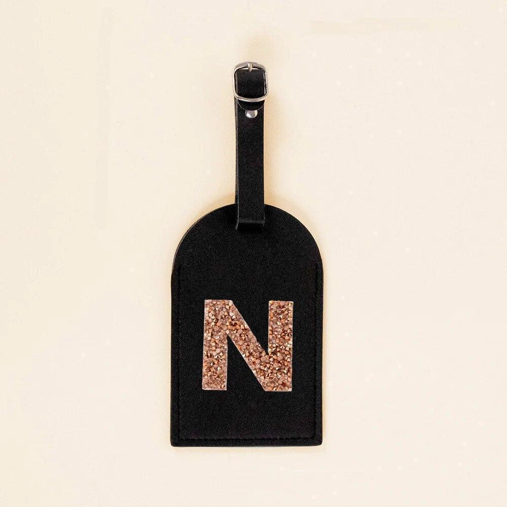 monogram rhinestone luggage tag (black/gold) - basil boutique